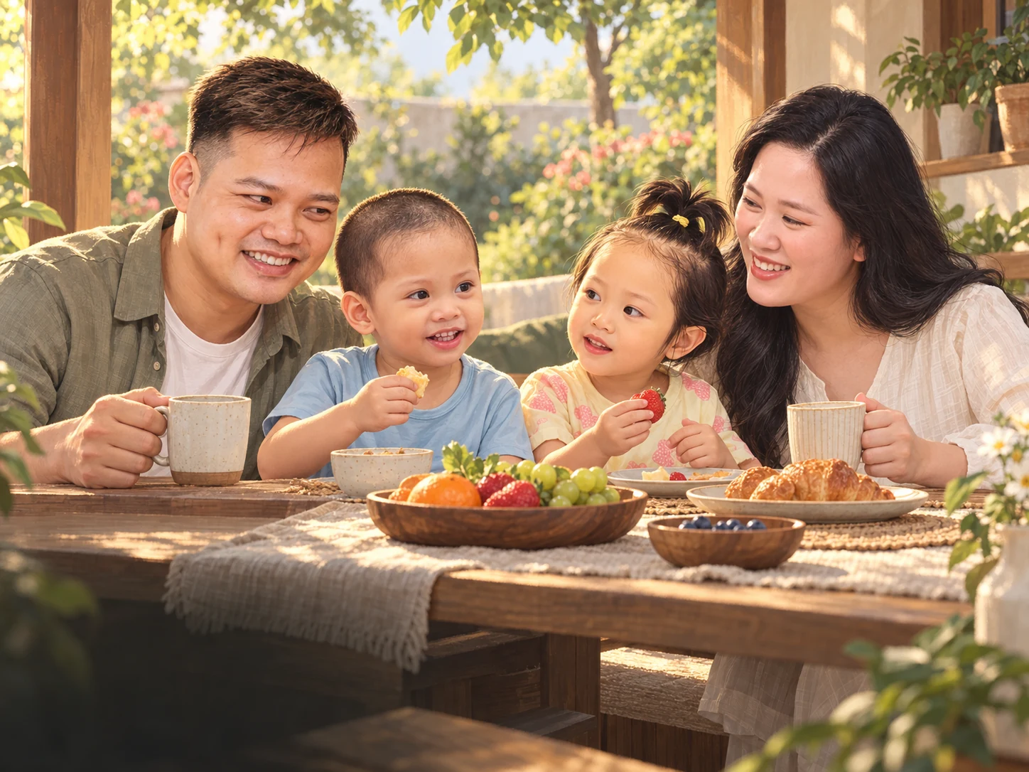 Illustration of four family members sharing breakfast by a garden veranda.